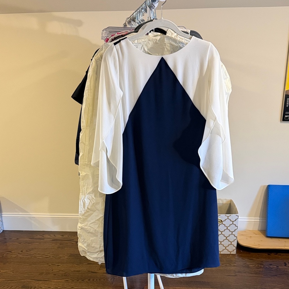Navy and White Split-Sleeve Knee-Length Dress